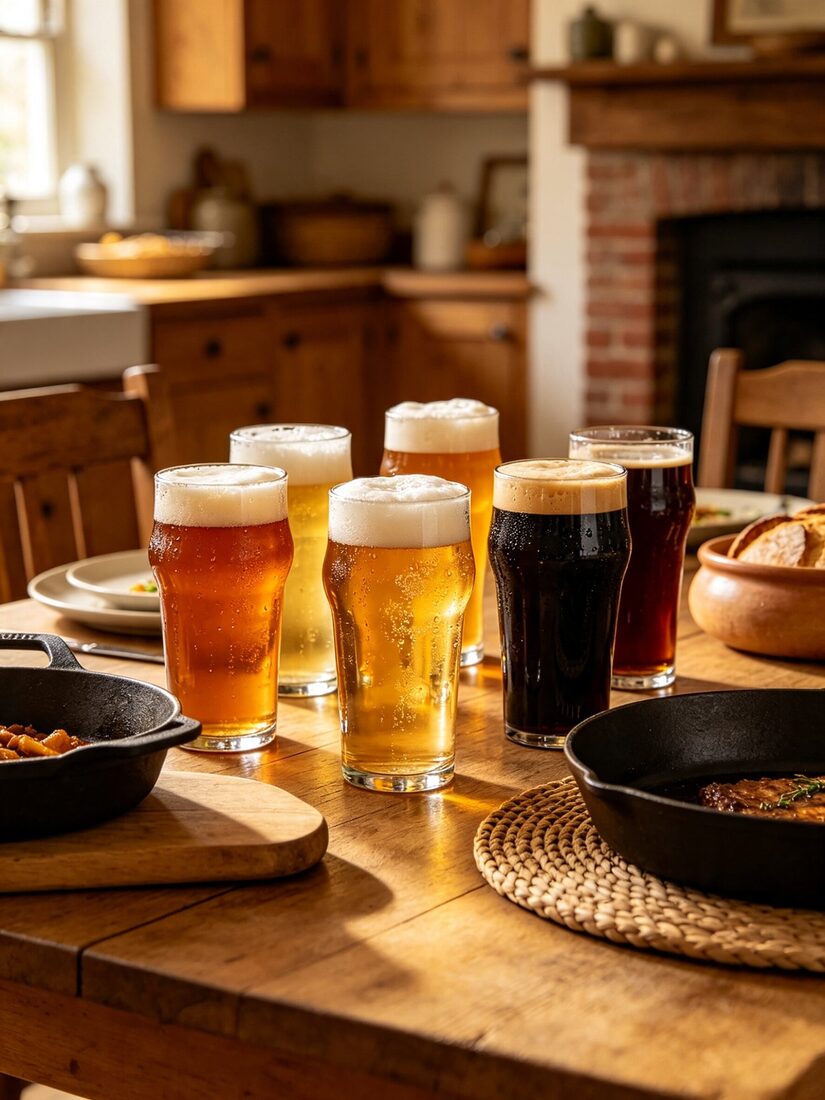 A row of six craft beers on a wooden table