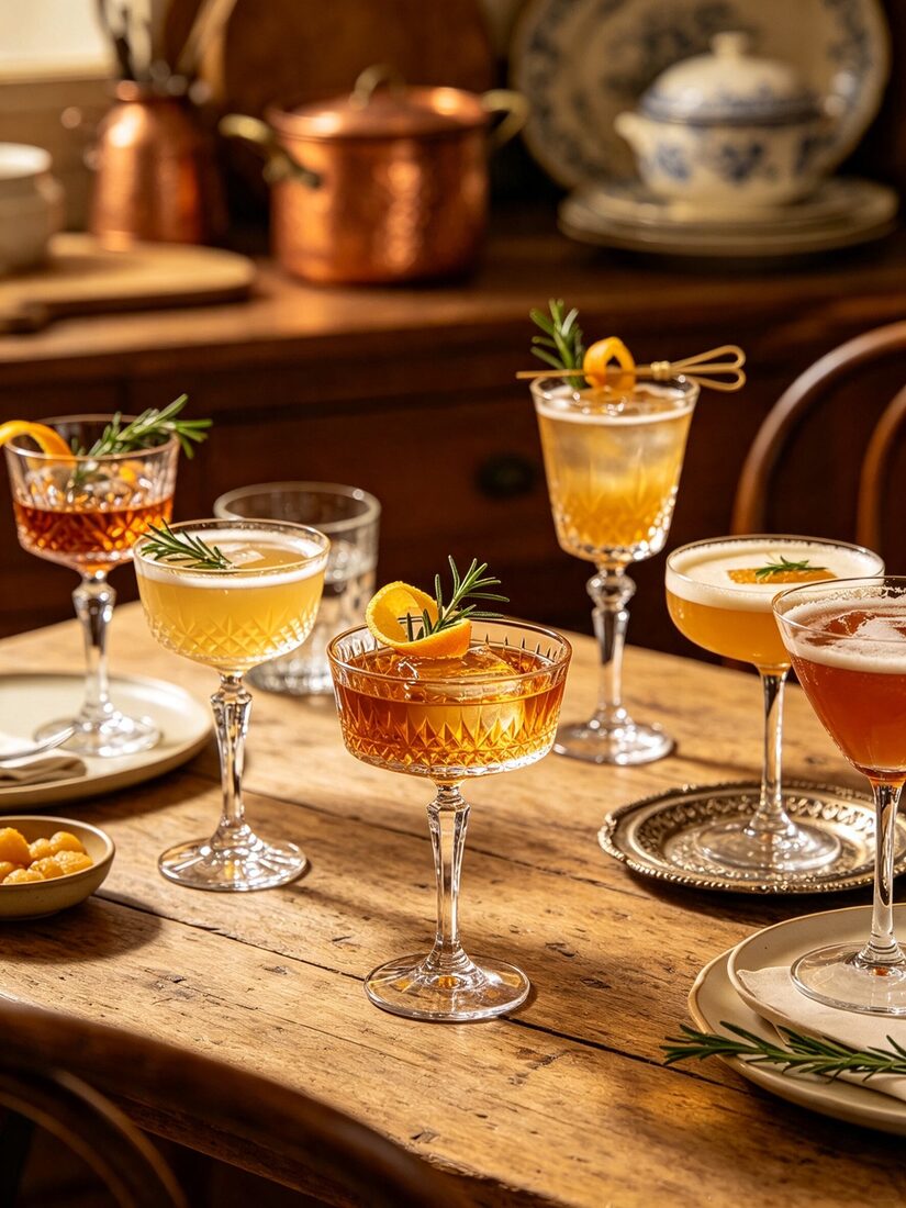 A selection of garnished cocktails on a wooden table