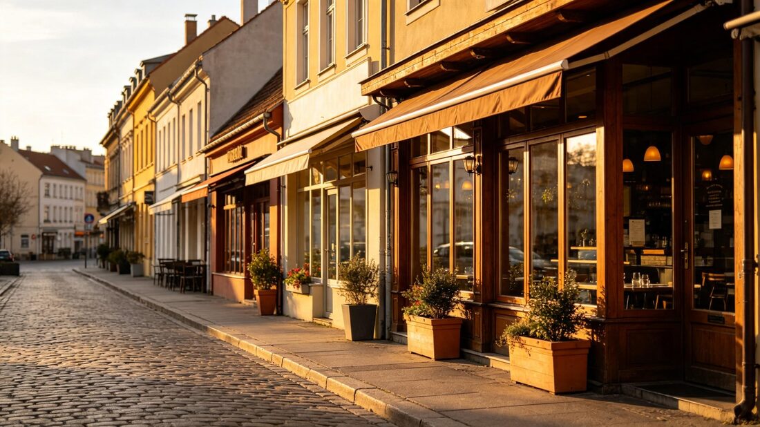 Sunlit cobblestone street lined with cafes and shopfronts