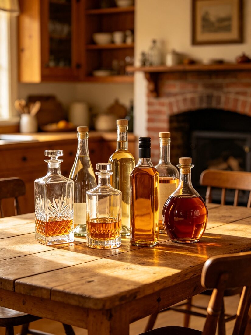 Decanters of whisky and spirits on a kitchen table