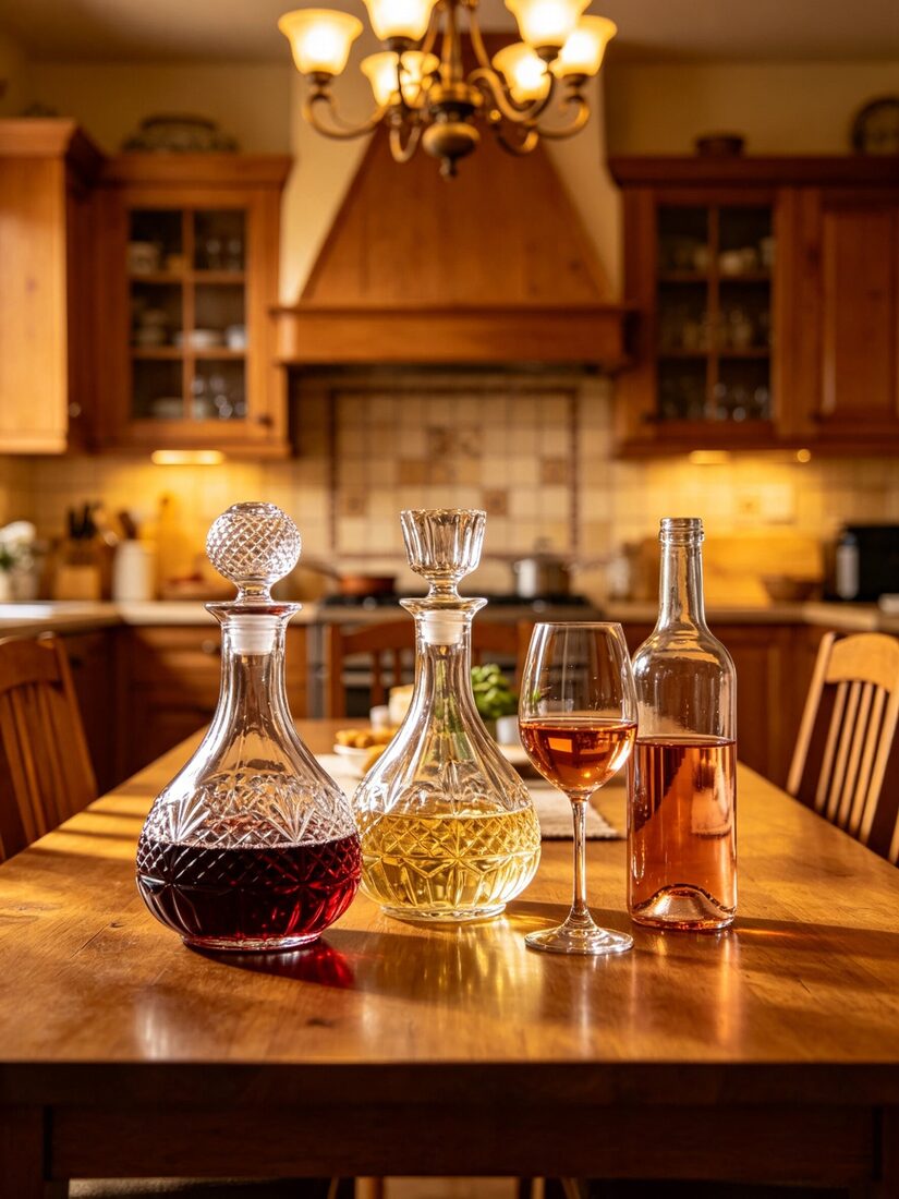 A selection of wine decanters and a glass of rose